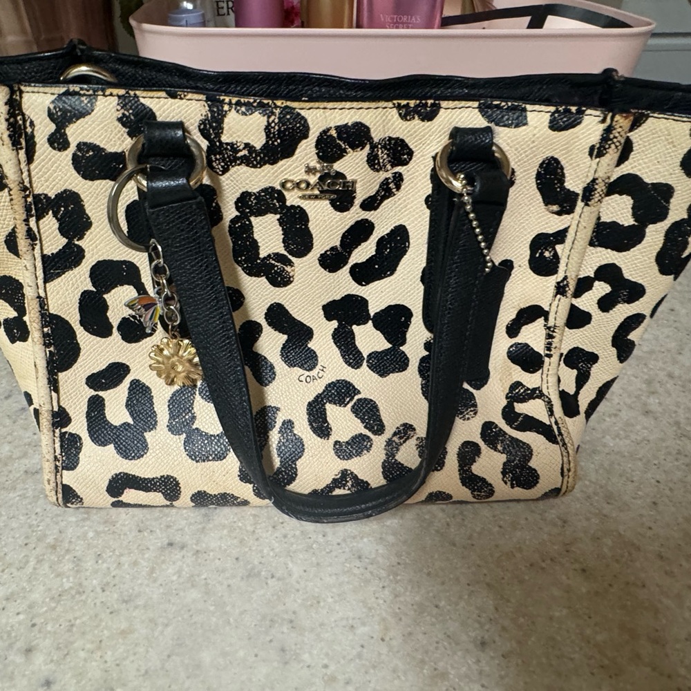 Coach Black and Cream Leopard Print Tote Bag